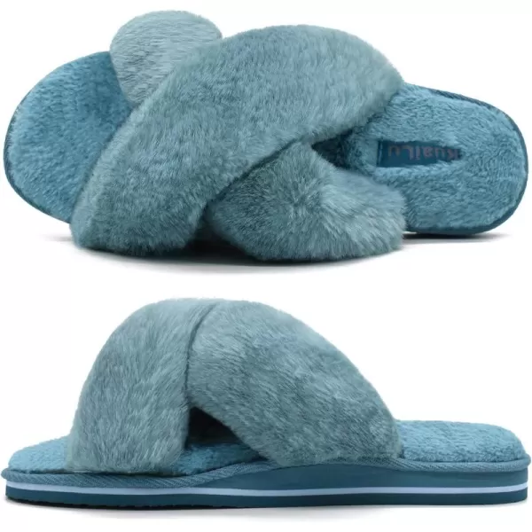 KuaiLu Womens fuzzy Fur Cross Band Slides Open Toe Slippers cozy cute Yoga Mat Slippers comfySlip on House Sandals Indoor/Outdoor
