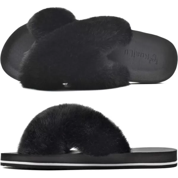 KuaiLu Womens fuzzy Fur Cross Band Slides Open Toe Slippers cozy cute Yoga Mat Slippers comfySlip on House Sandals Indoor/Outdoor