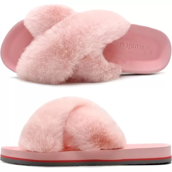 KuaiLu Womens fuzzy Fur Cross Band Slides Open Toe Slippers cozy cute Yoga Mat Slippers comfySlip on House Sandals Indoor/Outdoor