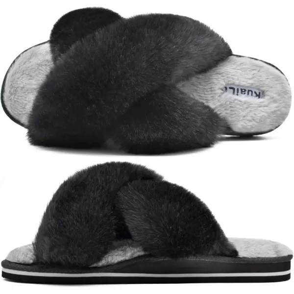 KuaiLu Womens fuzzy Fur Cross Band Slides Open Toe Slippers cozy cute Yoga Mat Slippers comfySlip on House Sandals Indoor/Outdoor