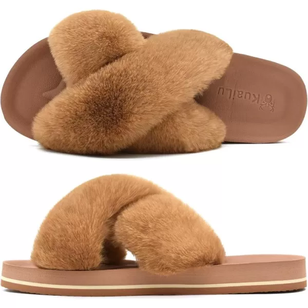 KuaiLu Womens fuzzy Fur Cross Band Slides Open Toe Slippers cozy cute Yoga Mat Slippers comfySlip on House Sandals Indoor/Outdoor