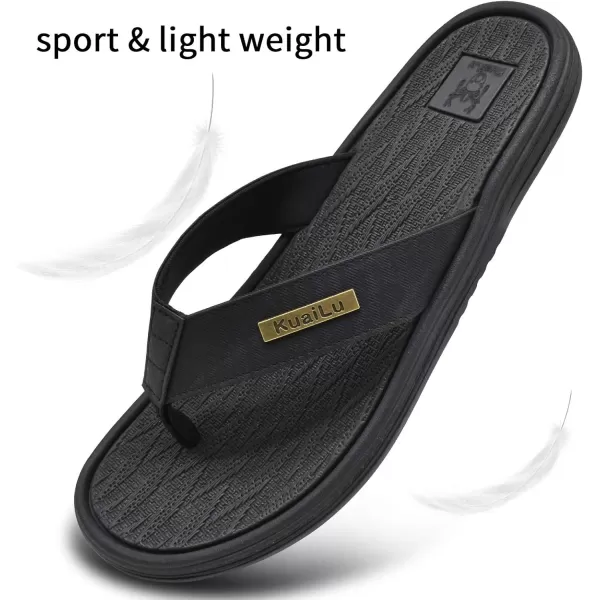 KuaiLu Mens Flip Flops Arch Support Comfortable Waterproof Open Toe Summer Beach Leather Thong Sandals Cushion Slip on Slippers