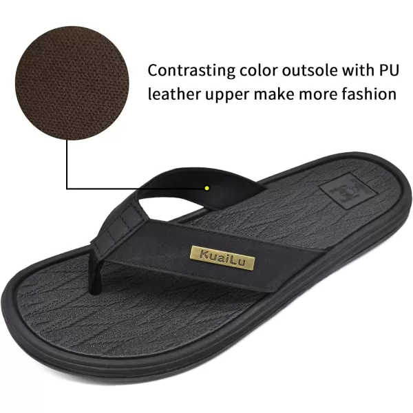 KuaiLu Mens Flip Flops Arch Support Comfortable Waterproof Open Toe Summer Beach Leather Thong Sandals Cushion Slip on Slippers