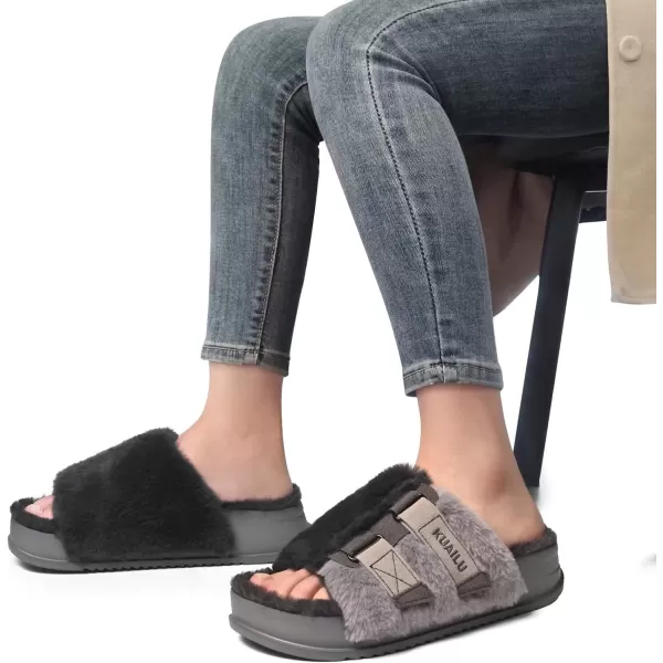 KuaiLu Womens Platform Slipper with Arch Support Soft Cushion Faux Fur Sandals Open Toe House Slipper Fluffy Slides Indoor Outdoor,6~12