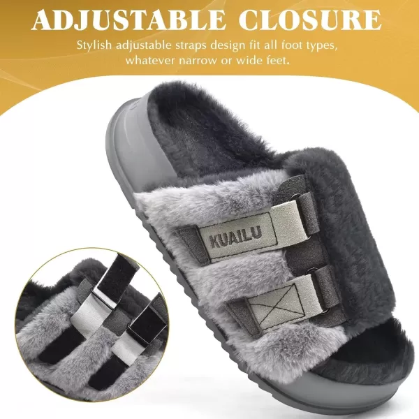 KuaiLu Womens Platform Slipper with Arch Support Soft Cushion Faux Fur Sandals Open Toe House Slipper Fluffy Slides Indoor Outdoor,6~12