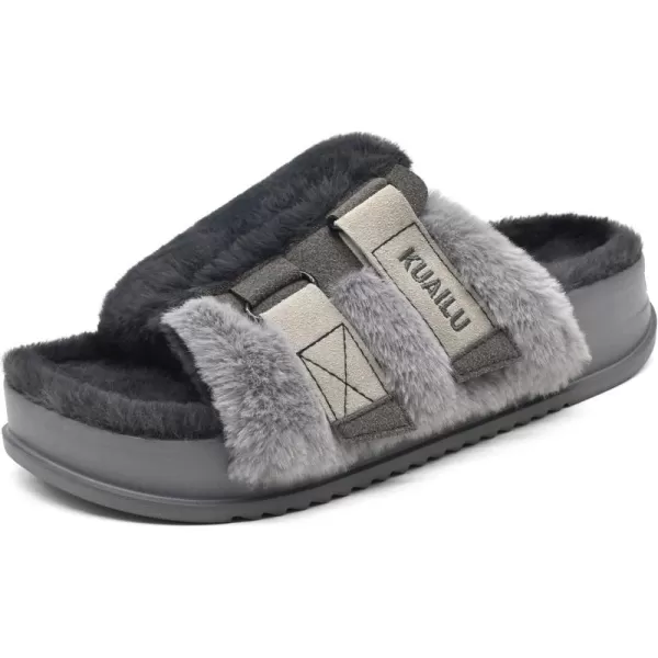 KuaiLu Womens Platform Slipper with Arch Support Soft Cushion Faux Fur Sandals Open Toe House Slipper Fluffy Slides Indoor Outdoor,6~12