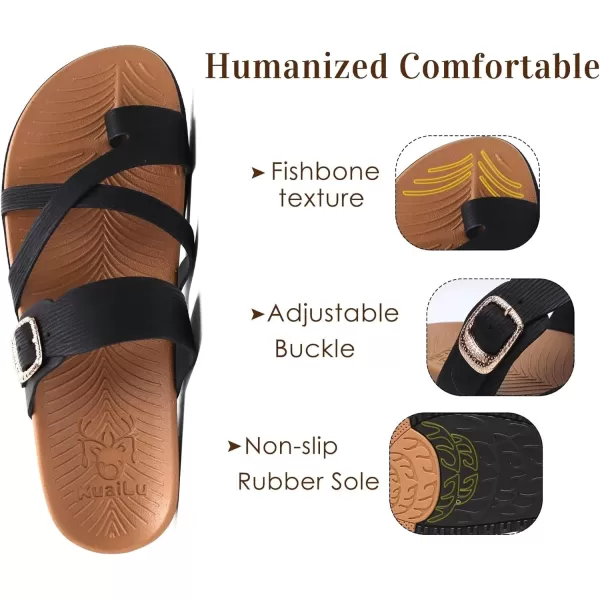 KuaiLu Womens Orthotic Slides Fashion Strappy Flat Sandals With Comfortable Plantar Fasciitis Arch Support Summer Adjustable Leather Braided Open Toe Cushion Womans Dressy Sandals Size5-11