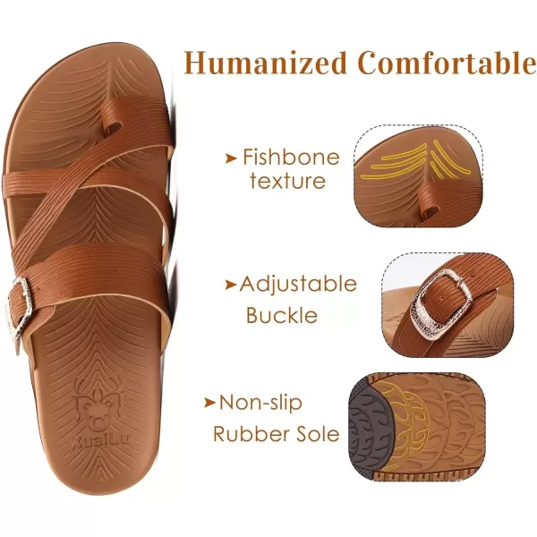 KuaiLu Womens Orthotic Slides Fashion Strappy Flat Sandals With Comfortable Plantar Fasciitis Arch Support Summer Adjustable Leather Braided Open Toe Cushion Womans Dressy Sandals Size5-11