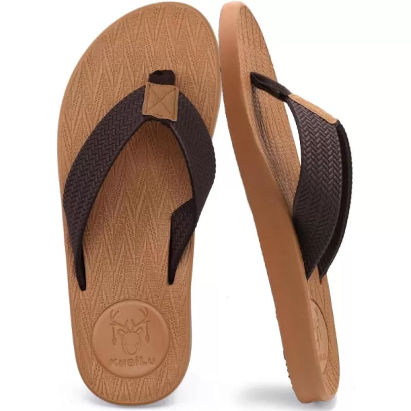 KuaiLu Mens Flip Flops Arch Support Comfortable Waterproof Open Toe Summer Beach Leather Thong Sandals Cushion Slip on Slippers