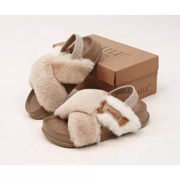 imageKuaiLu Womens Fuzzy Criss Cross Band Platform Slippers Arch Support Furry Faux Fur Ladies Open Toe Cozy Soft Plush Fleece Comfy House Shoes SandalsBeige