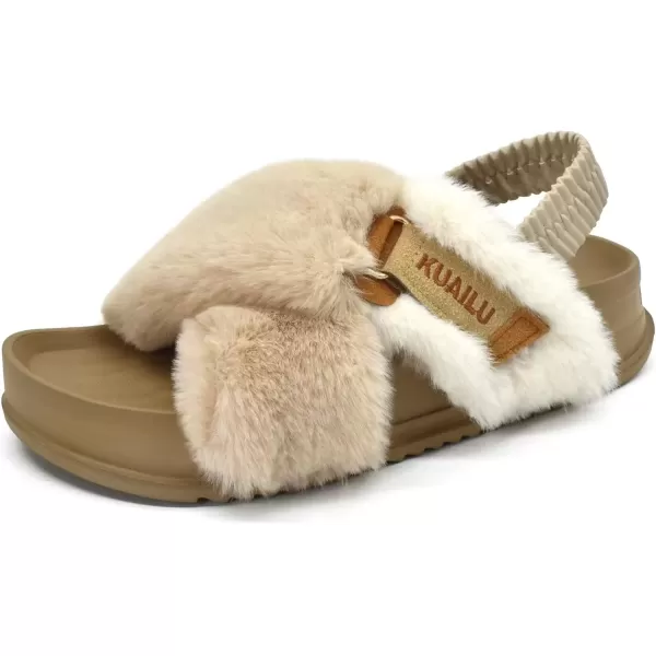 imageKuaiLu Womens Fuzzy Criss Cross Band Platform Slippers Arch Support Furry Faux Fur Ladies Open Toe Cozy Soft Plush Fleece Comfy House Shoes SandalsBeige