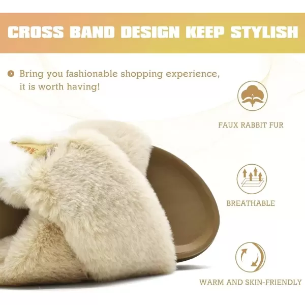 imageKuaiLu Womens Fuzzy Criss Cross Band Platform Slippers Arch Support Furry Faux Fur Ladies Open Toe Cozy Soft Plush Fleece Comfy House Shoes SandalsBeige