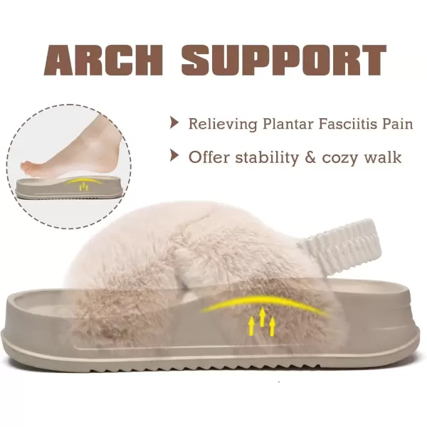 imageKuaiLu Womens Fuzzy Criss Cross Band Platform Slippers Arch Support Furry Faux Fur Ladies Open Toe Cozy Soft Plush Fleece Comfy House Shoes SandalsBeige