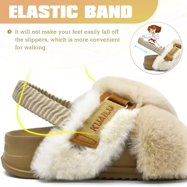 imageKuaiLu Womens Fuzzy Criss Cross Band Platform Slippers Arch Support Furry Faux Fur Ladies Open Toe Cozy Soft Plush Fleece Comfy House Shoes SandalsBeige