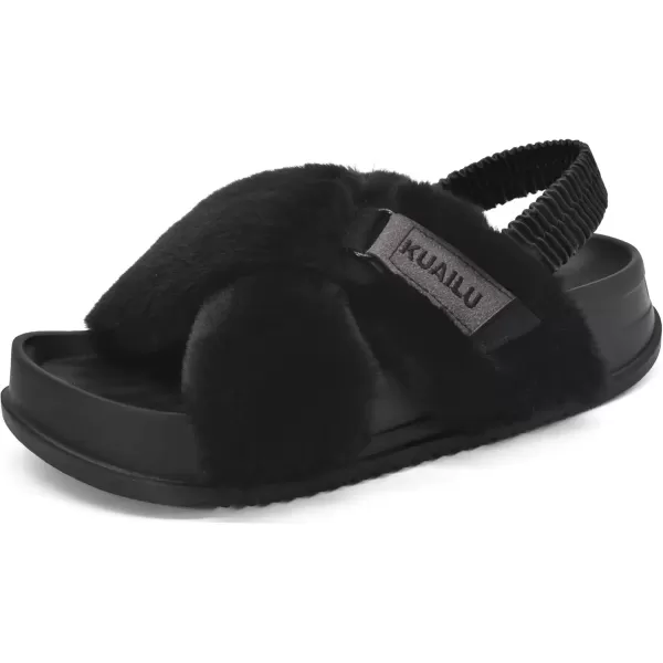 imageKuaiLu Womens Fuzzy Criss Cross Band Platform Slippers Arch Support Furry Faux Fur Ladies Open Toe Cozy Soft Plush Fleece Comfy House Shoes SandalsBlack