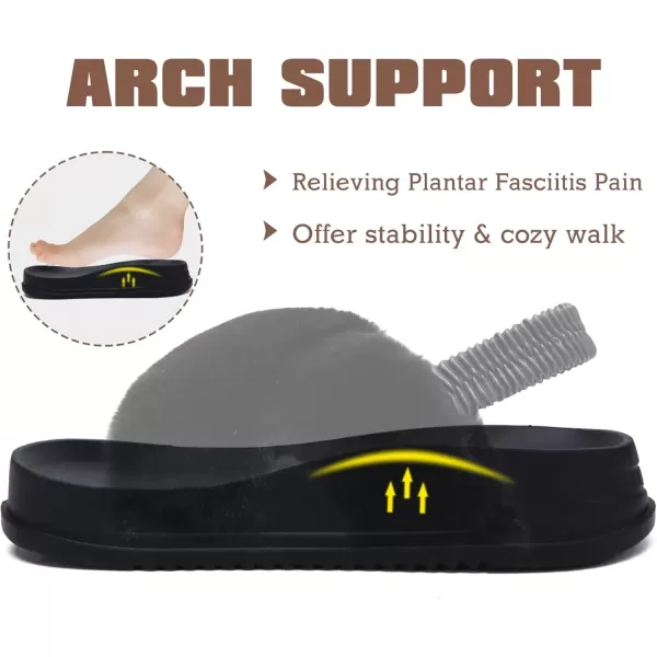 imageKuaiLu Womens Fuzzy Criss Cross Band Platform Slippers Arch Support Furry Faux Fur Ladies Open Toe Cozy Soft Plush Fleece Comfy House Shoes SandalsBlack