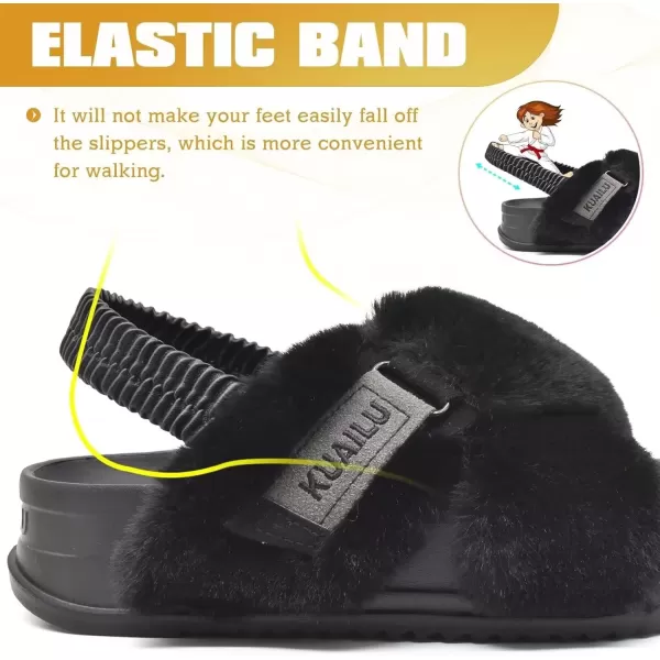 imageKuaiLu Womens Fuzzy Criss Cross Band Platform Slippers Arch Support Furry Faux Fur Ladies Open Toe Cozy Soft Plush Fleece Comfy House Shoes SandalsBlack