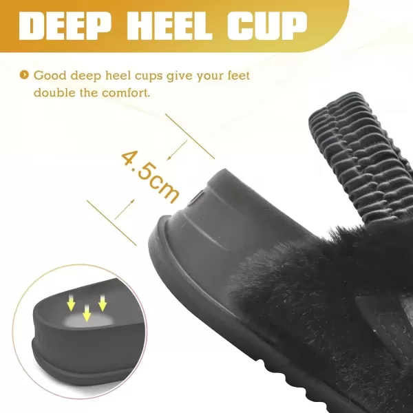 imageKuaiLu Womens Fuzzy Criss Cross Band Platform Slippers Arch Support Furry Faux Fur Ladies Open Toe Cozy Soft Plush Fleece Comfy House Shoes SandalsBlack