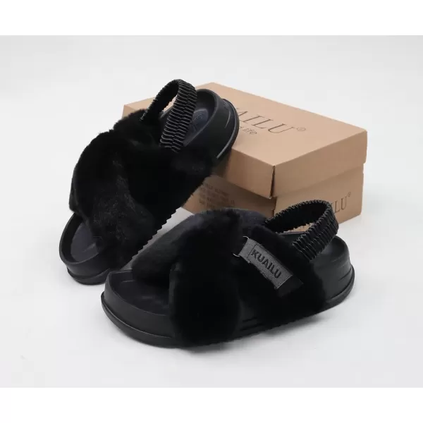 imageKuaiLu Womens Fuzzy Criss Cross Band Platform Slippers Arch Support Furry Faux Fur Ladies Open Toe Cozy Soft Plush Fleece Comfy House Shoes SandalsBlack