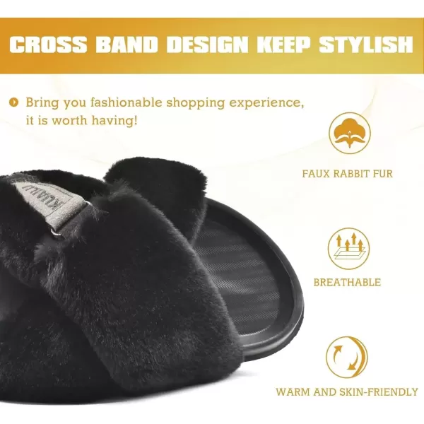 imageKuaiLu Womens Fuzzy Criss Cross Band Platform Slippers Arch Support Furry Faux Fur Ladies Open Toe Cozy Soft Plush Fleece Comfy House Shoes SandalsBlack