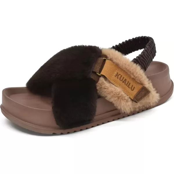 imageKuaiLu Womens Fuzzy Criss Cross Band Platform Slippers Arch Support Furry Faux Fur Ladies Open Toe Cozy Soft Plush Fleece Comfy House Shoes SandalsBrown