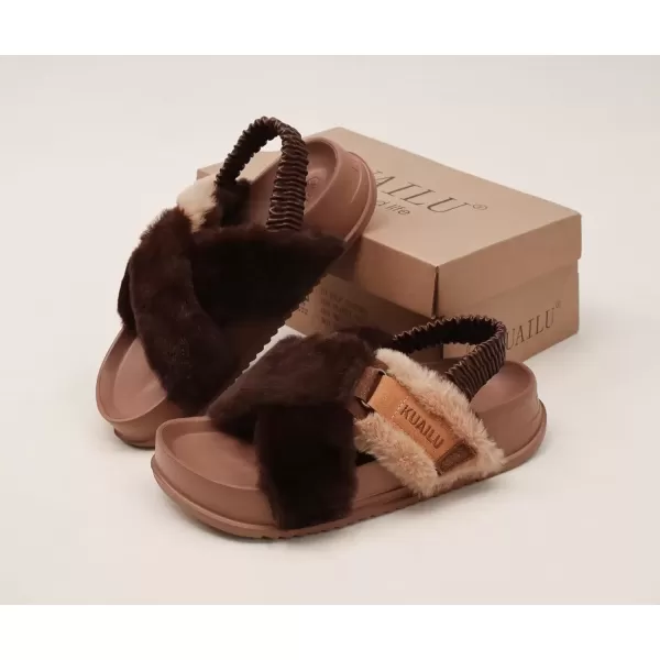 imageKuaiLu Womens Fuzzy Criss Cross Band Platform Slippers Arch Support Furry Faux Fur Ladies Open Toe Cozy Soft Plush Fleece Comfy House Shoes SandalsBrown