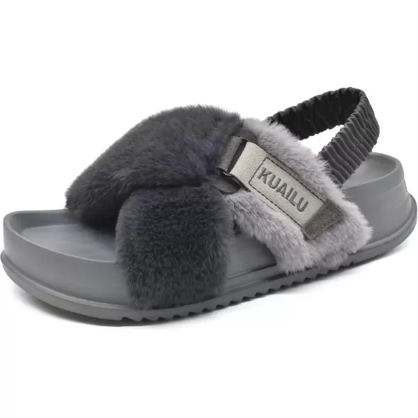 imageKuaiLu Womens Fuzzy Criss Cross Band Platform Slippers Arch Support Furry Faux Fur Ladies Open Toe Cozy Soft Plush Fleece Comfy House Shoes SandalsGrey