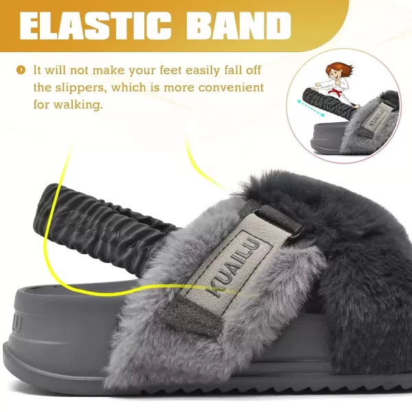 imageKuaiLu Womens Fuzzy Criss Cross Band Platform Slippers Arch Support Furry Faux Fur Ladies Open Toe Cozy Soft Plush Fleece Comfy House Shoes SandalsGrey