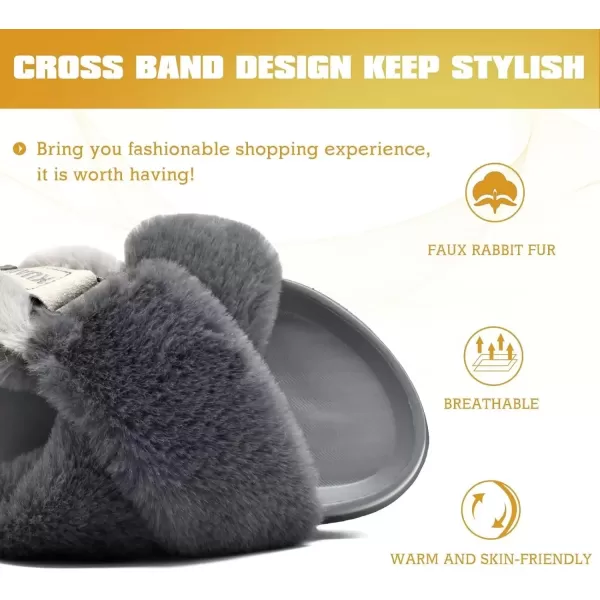 imageKuaiLu Womens Fuzzy Criss Cross Band Platform Slippers Arch Support Furry Faux Fur Ladies Open Toe Cozy Soft Plush Fleece Comfy House Shoes SandalsGrey