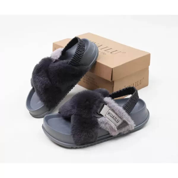 imageKuaiLu Womens Fuzzy Criss Cross Band Platform Slippers Arch Support Furry Faux Fur Ladies Open Toe Cozy Soft Plush Fleece Comfy House Shoes SandalsGrey