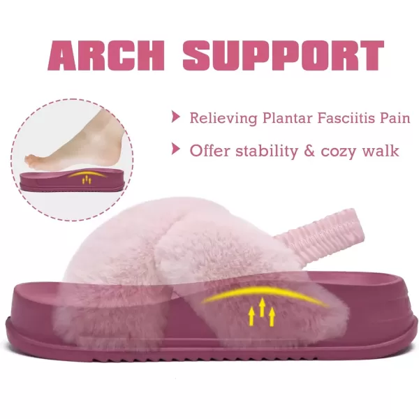 imageKuaiLu Womens Fuzzy Criss Cross Band Platform Slippers Arch Support Furry Faux Fur Ladies Open Toe Cozy Soft Plush Fleece Comfy House Shoes SandalsPink