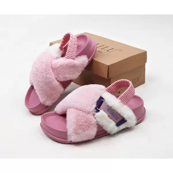 imageKuaiLu Womens Fuzzy Criss Cross Band Platform Slippers Arch Support Furry Faux Fur Ladies Open Toe Cozy Soft Plush Fleece Comfy House Shoes SandalsPink
