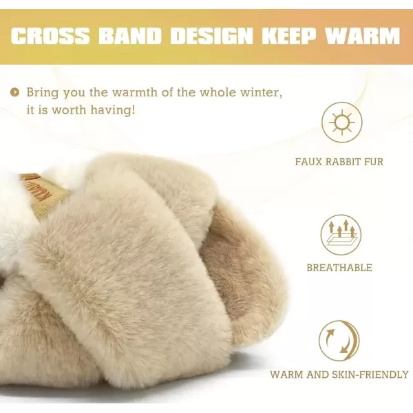 imageKuaiLu Womens Fuzzy Criss Cross Band Platform Slippers Arch Support Furry Faux Fur Ladies Open Toe Cozy Soft Plush Fleece Comfy House Shoes SandalsPlush Beige