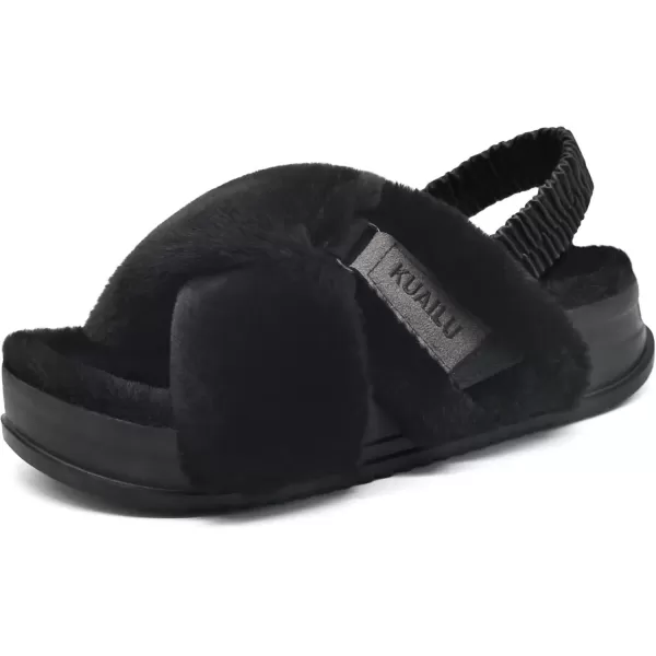imageKuaiLu Womens Fuzzy Criss Cross Band Platform Slippers Arch Support Furry Faux Fur Ladies Open Toe Cozy Soft Plush Fleece Comfy House Shoes SandalsPlush Black