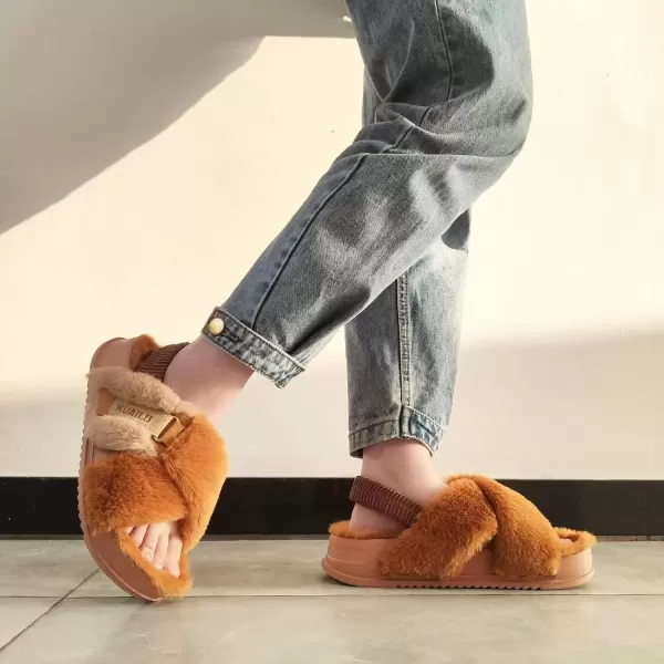 imageKuaiLu Womens Fuzzy Criss Cross Band Platform Slippers Arch Support Furry Faux Fur Ladies Open Toe Cozy Soft Plush Fleece Comfy House Shoes SandalsPlush Tan