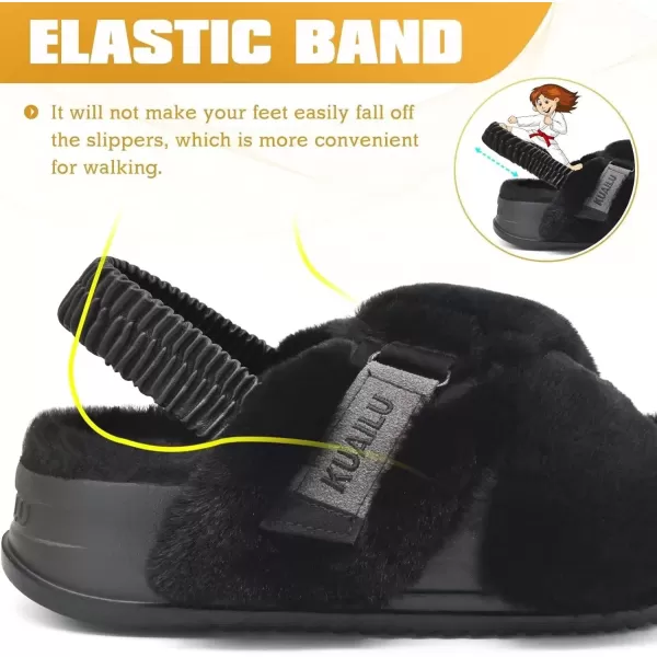 imageKuaiLu Womens Fuzzy Criss Cross Band Platform Slippers Arch Support Furry Faux Fur Ladies Open Toe Cozy Soft Plush Fleece Comfy House Shoes SandalsPlush Black