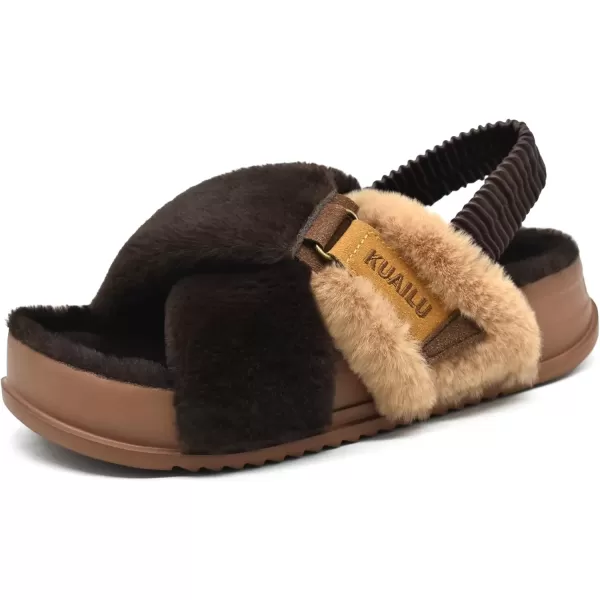 imageKuaiLu Womens Fuzzy Criss Cross Band Platform Slippers Arch Support Furry Faux Fur Ladies Open Toe Cozy Soft Plush Fleece Comfy House Shoes SandalsPlush Brown
