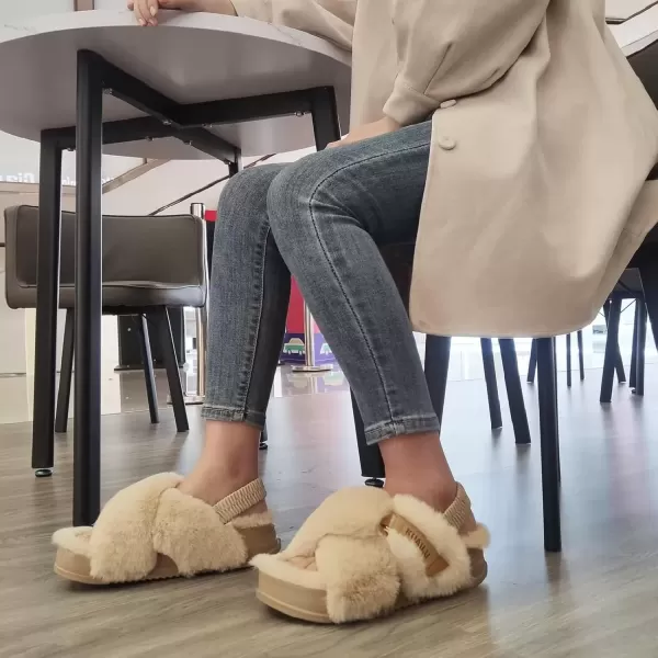imageKuaiLu Womens Fuzzy Criss Cross Band Platform Slippers Arch Support Furry Faux Fur Ladies Open Toe Cozy Soft Plush Fleece Comfy House Shoes SandalsPlush Beige