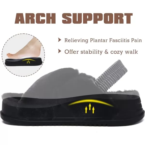imageKuaiLu Womens Fuzzy Criss Cross Band Platform Slippers Arch Support Furry Faux Fur Ladies Open Toe Cozy Soft Plush Fleece Comfy House Shoes SandalsPlush Black