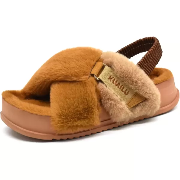imageKuaiLu Womens Fuzzy Criss Cross Band Platform Slippers Arch Support Furry Faux Fur Ladies Open Toe Cozy Soft Plush Fleece Comfy House Shoes SandalsPlush Tan