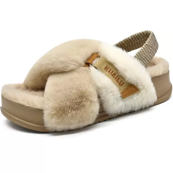 imageKuaiLu Womens Fuzzy Criss Cross Band Platform Slippers Arch Support Furry Faux Fur Ladies Open Toe Cozy Soft Plush Fleece Comfy House Shoes SandalsPlush Beige