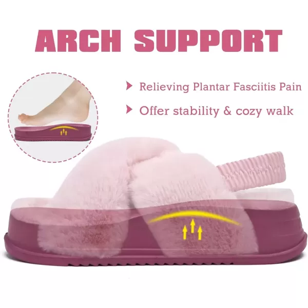 imageKuaiLu Womens Fuzzy Criss Cross Band Platform Slippers Arch Support Furry Faux Fur Ladies Open Toe Cozy Soft Plush Fleece Comfy House Shoes SandalsPlush Pink