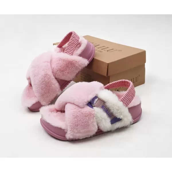 imageKuaiLu Womens Fuzzy Criss Cross Band Platform Slippers Arch Support Furry Faux Fur Ladies Open Toe Cozy Soft Plush Fleece Comfy House Shoes SandalsPlush Pink