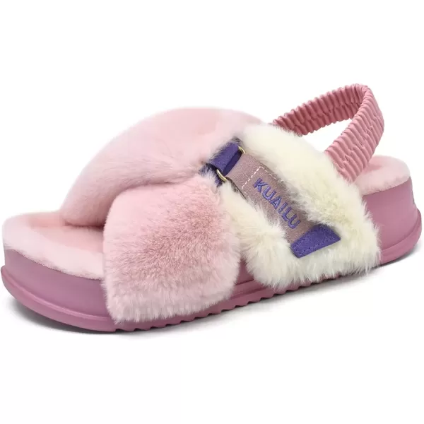 imageKuaiLu Womens Fuzzy Criss Cross Band Platform Slippers Arch Support Furry Faux Fur Ladies Open Toe Cozy Soft Plush Fleece Comfy House Shoes SandalsPlush Pink