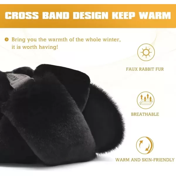 imageKuaiLu Womens Fuzzy Criss Cross Band Platform Slippers Arch Support Furry Faux Fur Ladies Open Toe Cozy Soft Plush Fleece Comfy House Shoes SandalsPlush Black