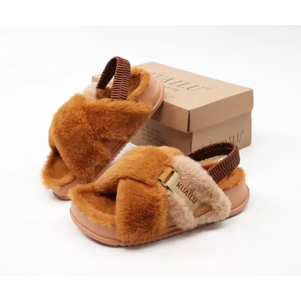 imageKuaiLu Womens Fuzzy Criss Cross Band Platform Slippers Arch Support Furry Faux Fur Ladies Open Toe Cozy Soft Plush Fleece Comfy House Shoes SandalsPlush Tan