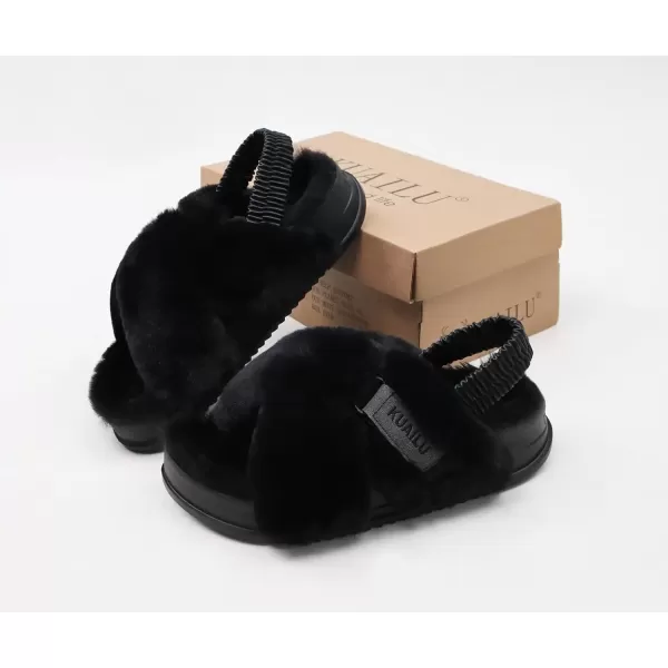 imageKuaiLu Womens Fuzzy Criss Cross Band Platform Slippers Arch Support Furry Faux Fur Ladies Open Toe Cozy Soft Plush Fleece Comfy House Shoes SandalsPlush Black