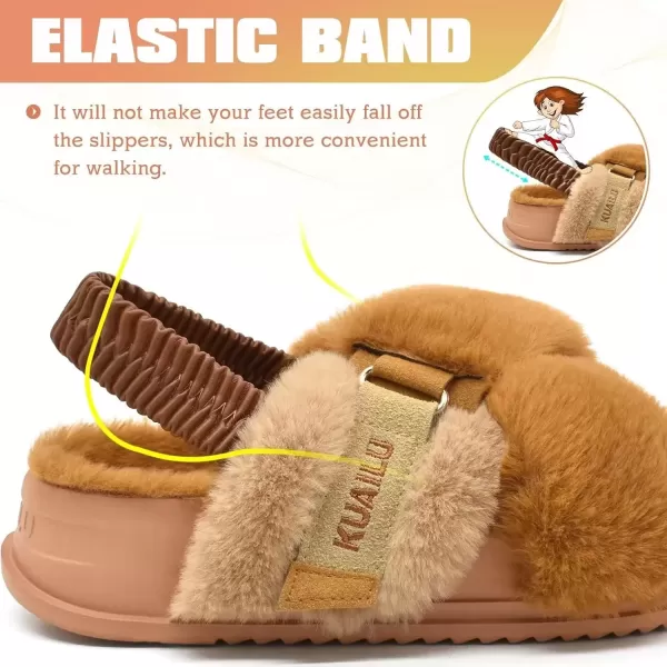 imageKuaiLu Womens Fuzzy Criss Cross Band Platform Slippers Arch Support Furry Faux Fur Ladies Open Toe Cozy Soft Plush Fleece Comfy House Shoes SandalsPlush Tan
