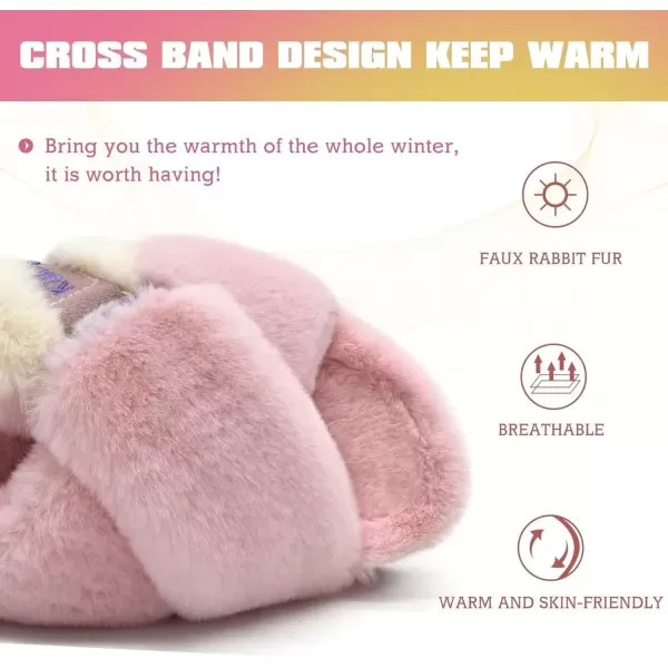 imageKuaiLu Womens Fuzzy Criss Cross Band Platform Slippers Arch Support Furry Faux Fur Ladies Open Toe Cozy Soft Plush Fleece Comfy House Shoes SandalsPlush Pink