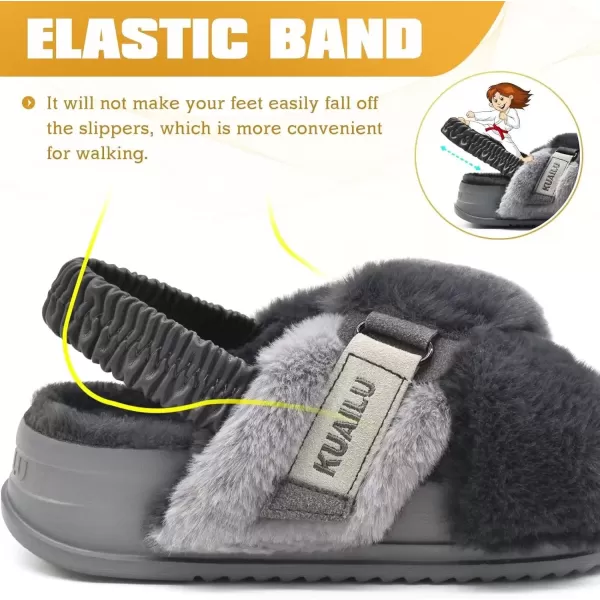 imageKuaiLu Womens Fuzzy Criss Cross Band Platform Slippers Arch Support Furry Faux Fur Ladies Open Toe Cozy Soft Plush Fleece Comfy House Shoes SandalsPlush Grey